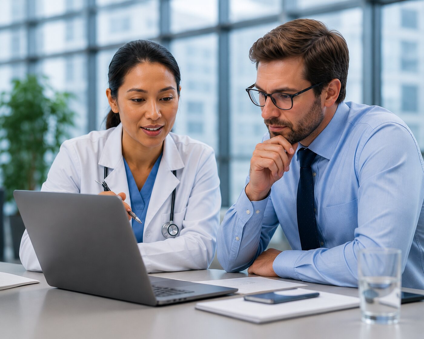 A physician and a business advisor reviewing practice performance on a laptop together